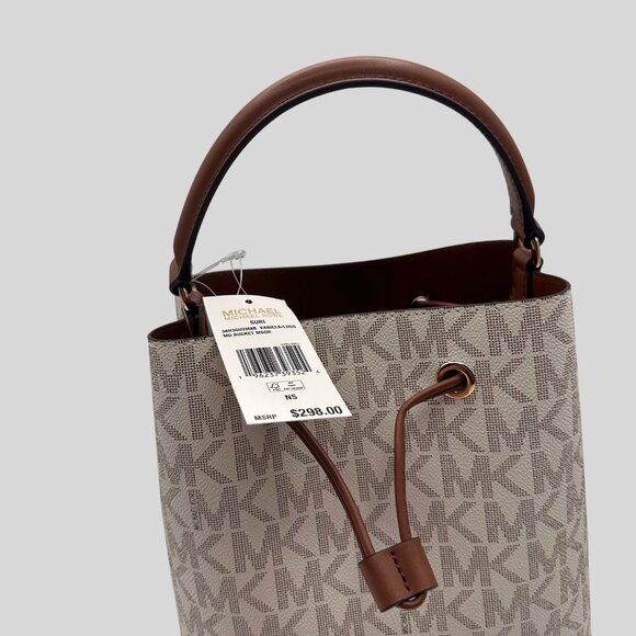 Michael Kors Small Drawstring Bucket Bag Vanilla/Brown Canvas Leather Logo - Picture 7 of 14